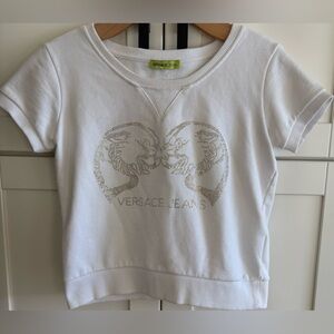 VERSACE JEANS SMALL WHITE SHORT SLEEVE SWEATSHIRT STYLE TOP "BLING" LOGO GREAT